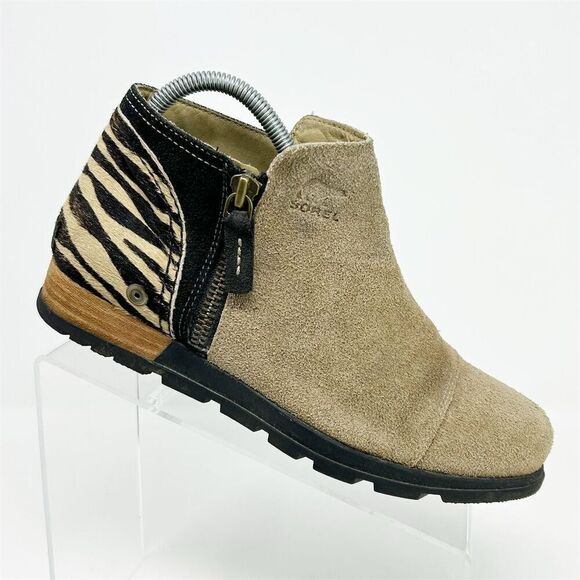 Sorel Women's Zebra Print Light Brown and Black Suede Ankle Boots Size 8.5 US - Picture 1 of 13
